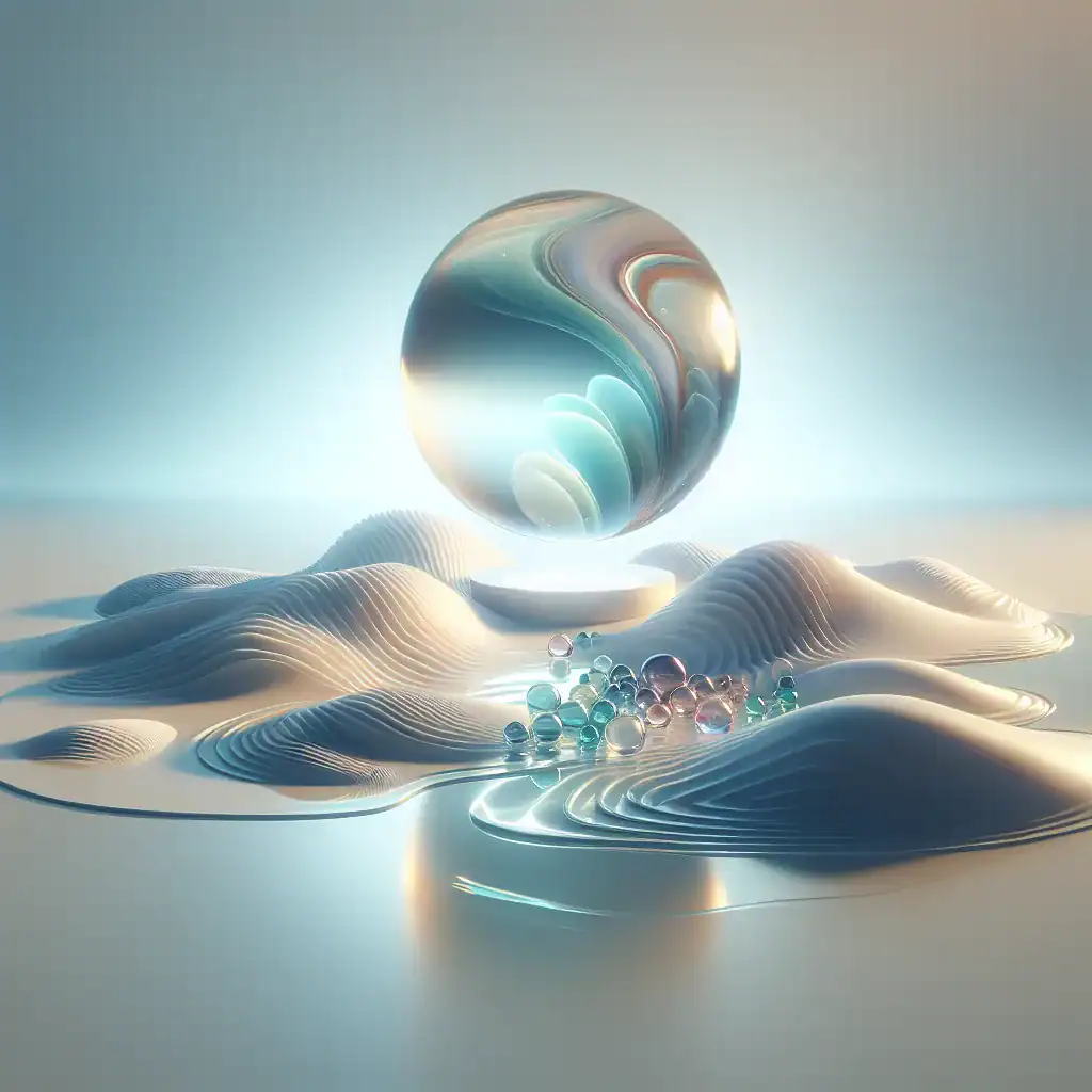 Sphère flottante au-dessus d'un paysage ondulé et abstrait avec des billes de verre.