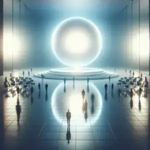 Salle futuriste avec un globe lumineux et des participants.