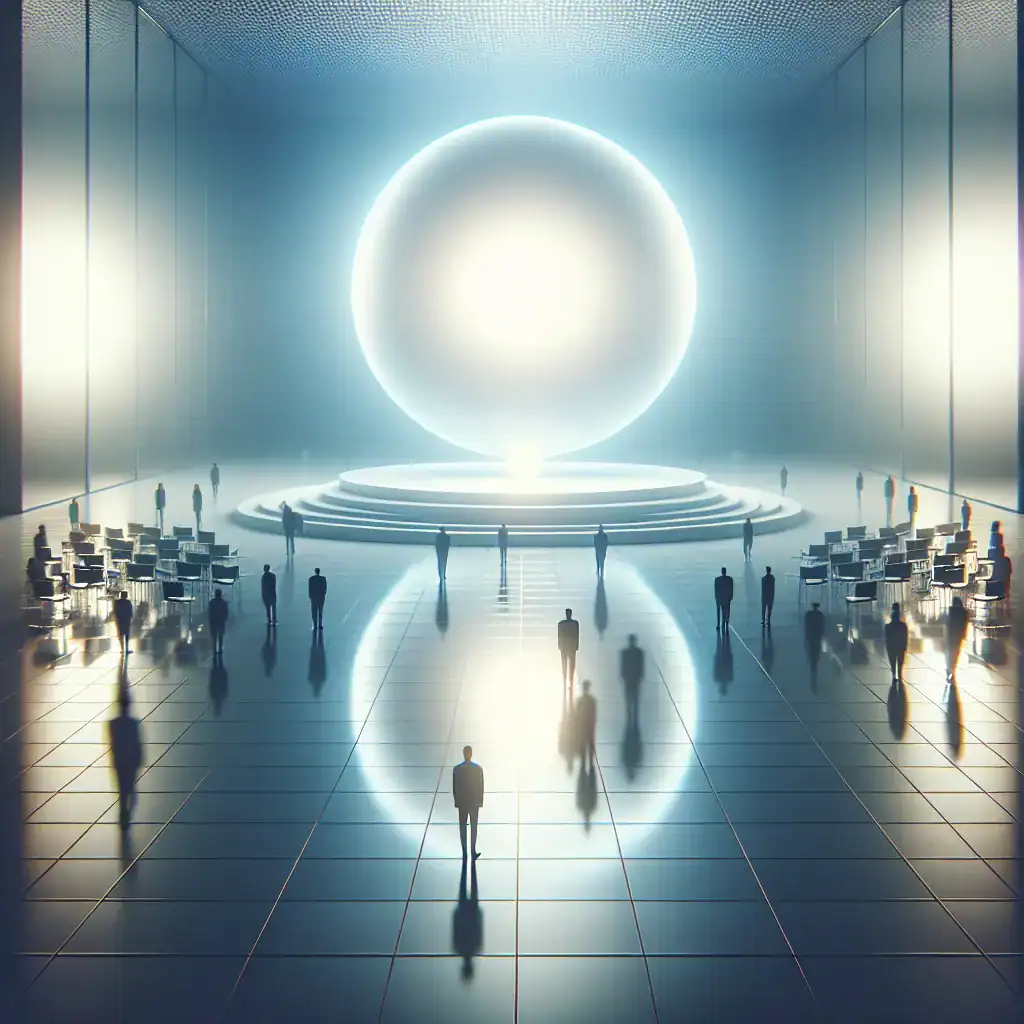 Salle futuriste avec un globe lumineux et des participants.