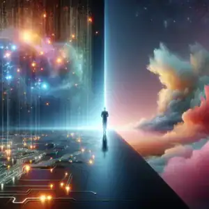 Personne marchant vers une frontière entre un monde numérique et un paysage nuageux coloré.