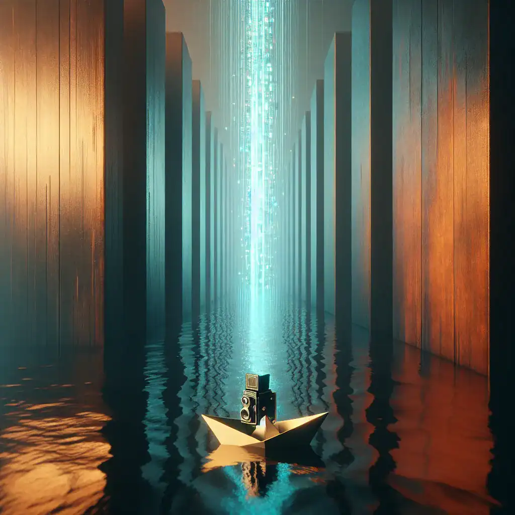 Un appareil photo sur un bateau en papier devant un flux lumineux dans un paysage architectural.