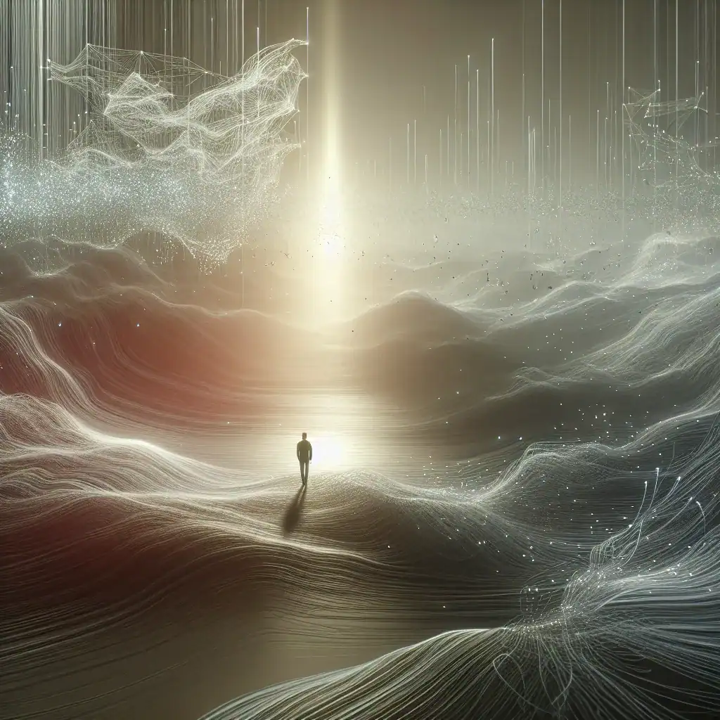 Personne marchant dans un paysage numérique lumineux et futuriste.