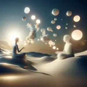 Deux silhouettes échangent dans un paysage désertique avec des sphères lumineuses flottantes.