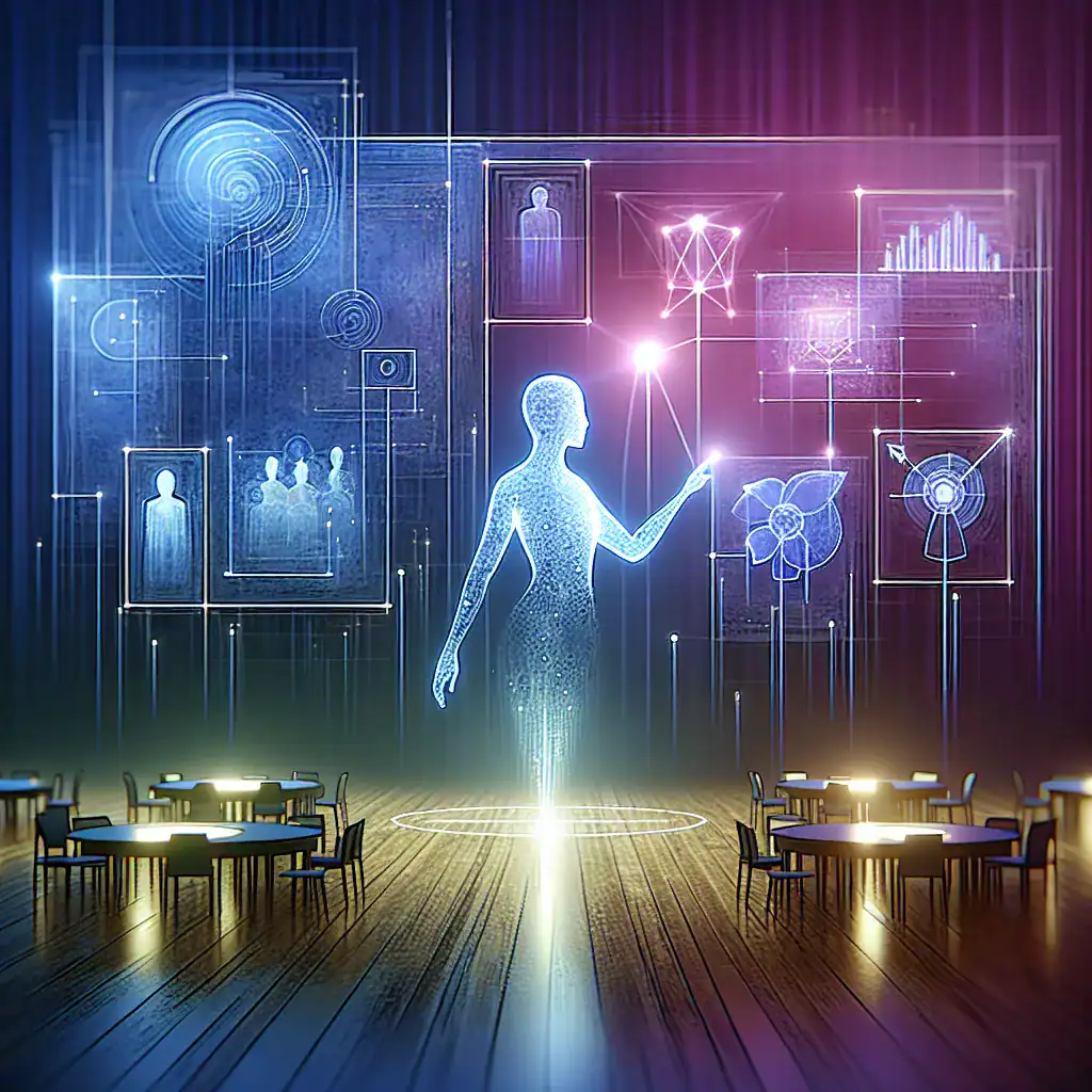 Silhouette virtuelle manipulant des données numériques dans une salle avec des tables et des chaises.