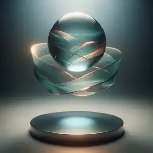 Sphère en lévitation entourée de lumière sur une base circulaire.