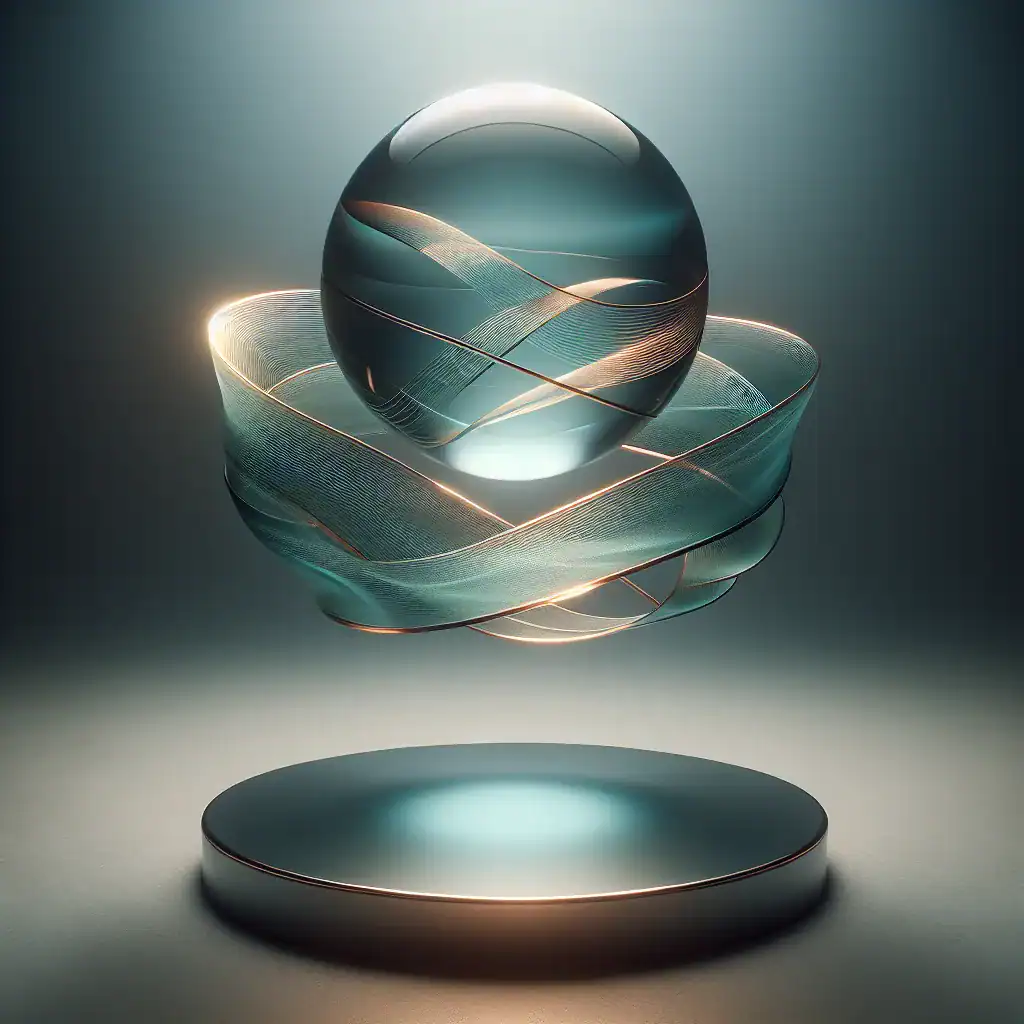 Sphère en lévitation entourée de lumière sur une base circulaire.