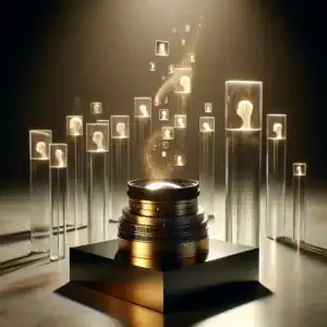 Objectif de caméra avec silhouettes lumineuses dans des colonnes transparentes.