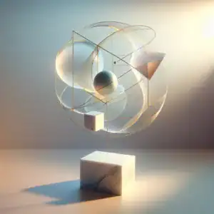 Structure géométrique artistique avec des sphères et des cubes éclairés par une lumière douce.