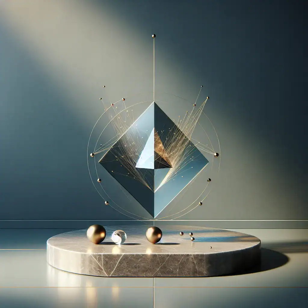 Formes géométriques futuristes flottant dans un espace minimaliste.