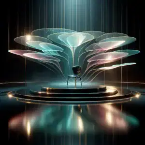 Studio équipé d'un éclairage LED coloré avec une chaise au centre, utilisé pour les podcasts filmés.