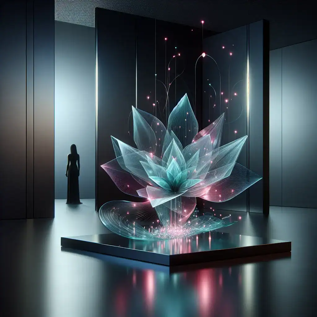 Fleur holographique en 3D dans un cadre moderne avec spectateur en arrière-plan.