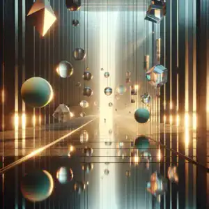 Formes géométriques suspendues dans un couloir moderne lumineux.