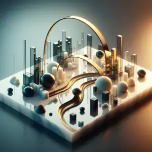 Illustration abstraite d'une ville moderne avec des éléments géométriques.