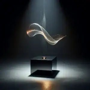 Une sculpture lumineuse représentant une onde sonore au-dessus d'une table noire dans une pièce sombre pour représenter un podcast de marque.