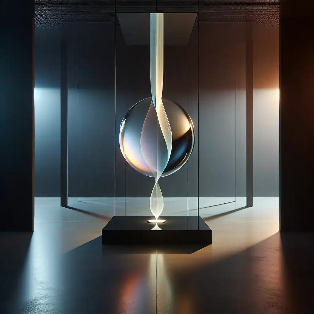Sculpture abstraite en verre sous un éclairage artistique.