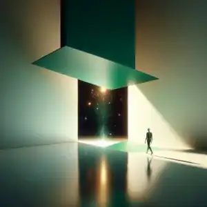 Personnage dans un studio avec fond vert et ouverture vers un ciel étoilé.