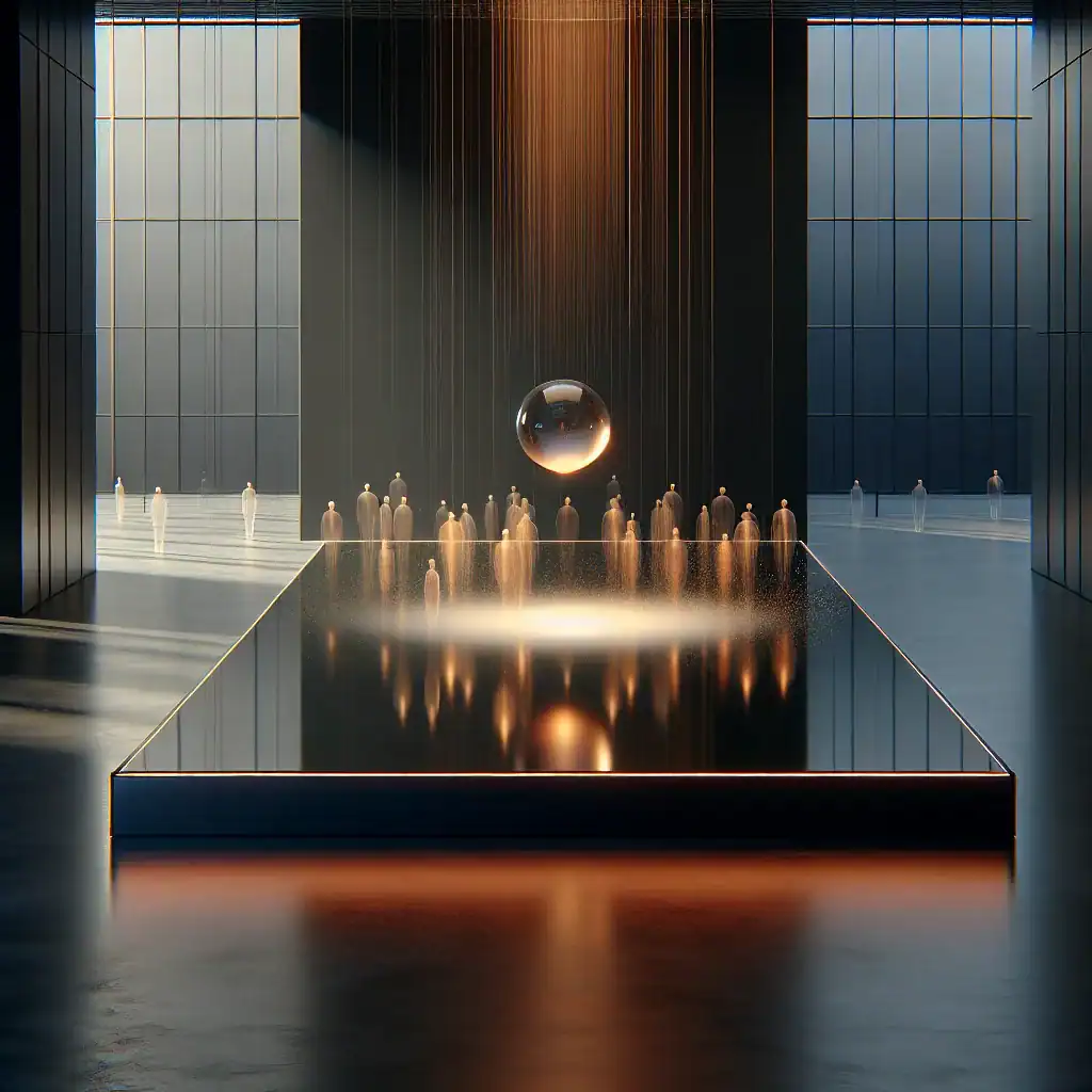 Silhouettes regardant une sphère lumineuse suspendue dans un hall moderne avec des murs vitrés.