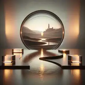 Perspective artistique d'un paysage urbain avec reflets lumineux et cubes en verre.