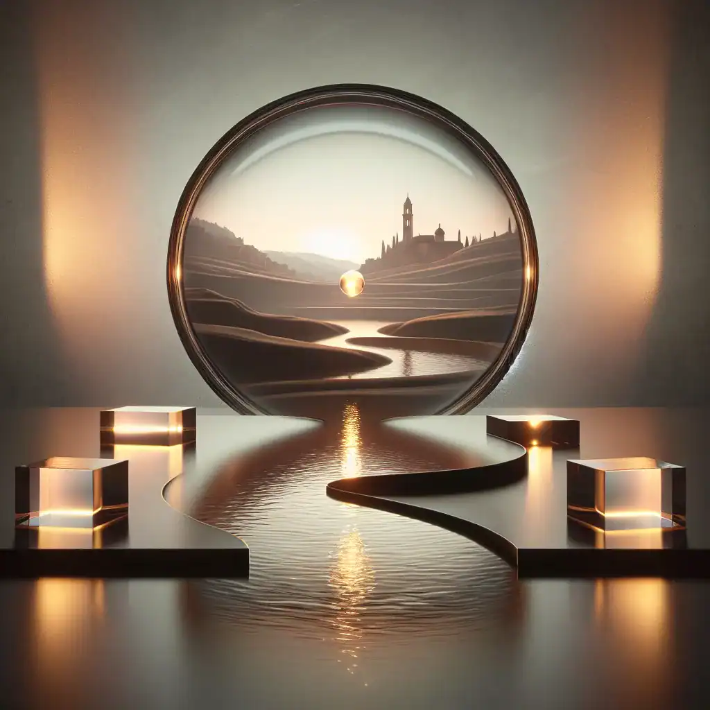 Perspective artistique d'un paysage urbain avec reflets lumineux et cubes en verre.