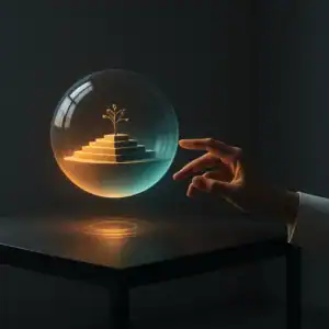 Main touchant un globe lumineux avec une petite plante à l'intérieur.
