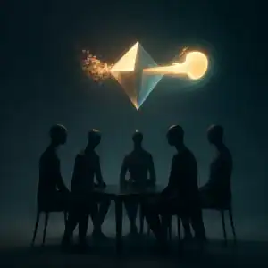 Silhouettes autour d'une table avec un objet géométrique lumineux au centre, symbolisant la collaboration numérique.
