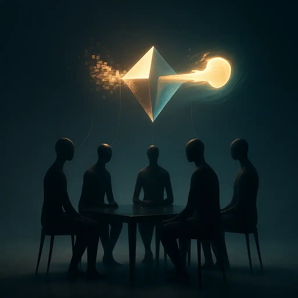 Silhouettes autour d'une table avec un objet géométrique lumineux au centre, symbolisant la collaboration numérique.