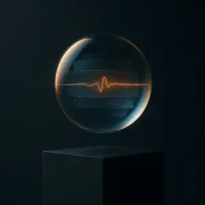 Sphère transparente avec onde lumineuse dorée au-dessus d'un socle sombre.