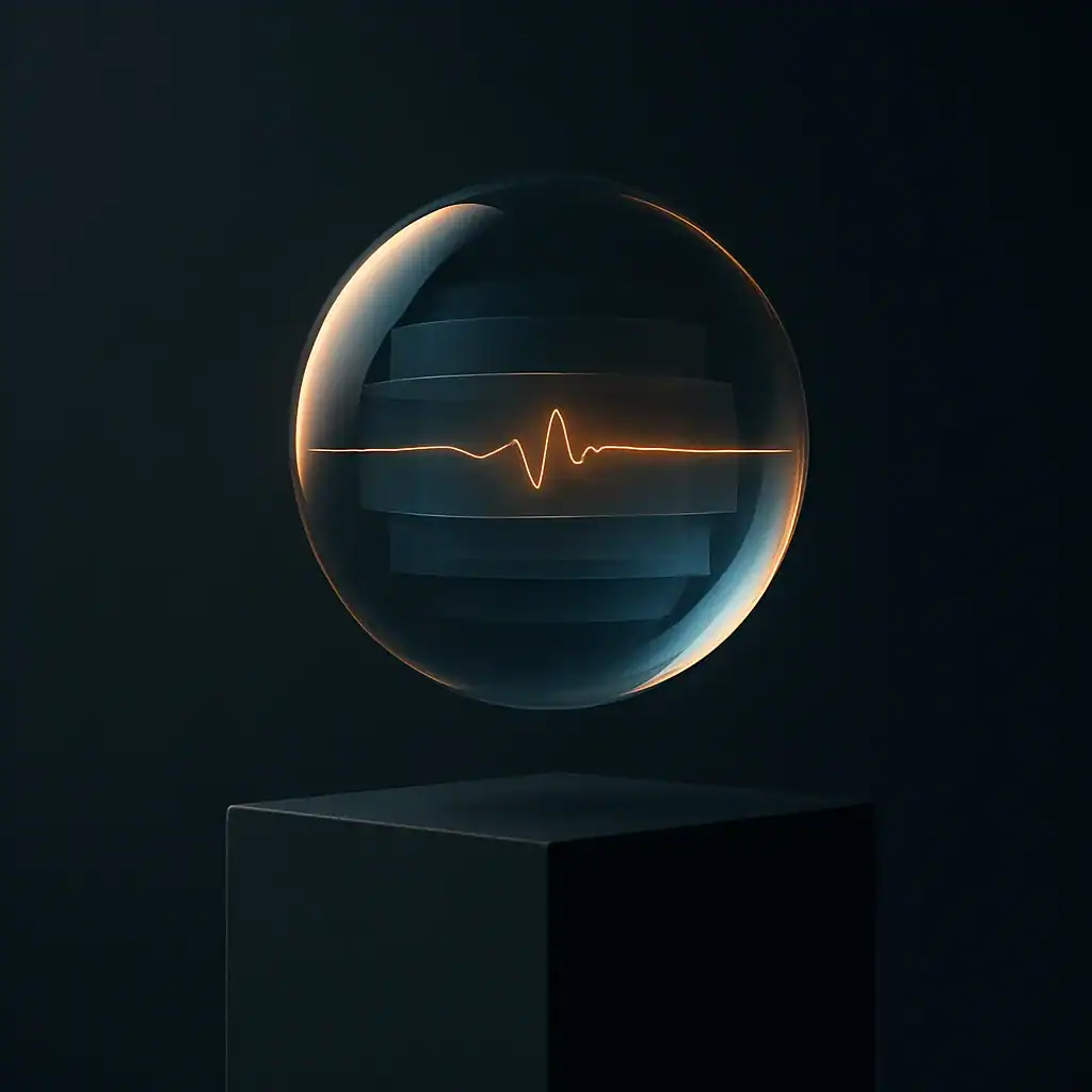 Sphère transparente avec onde lumineuse dorée au-dessus d'un socle sombre.