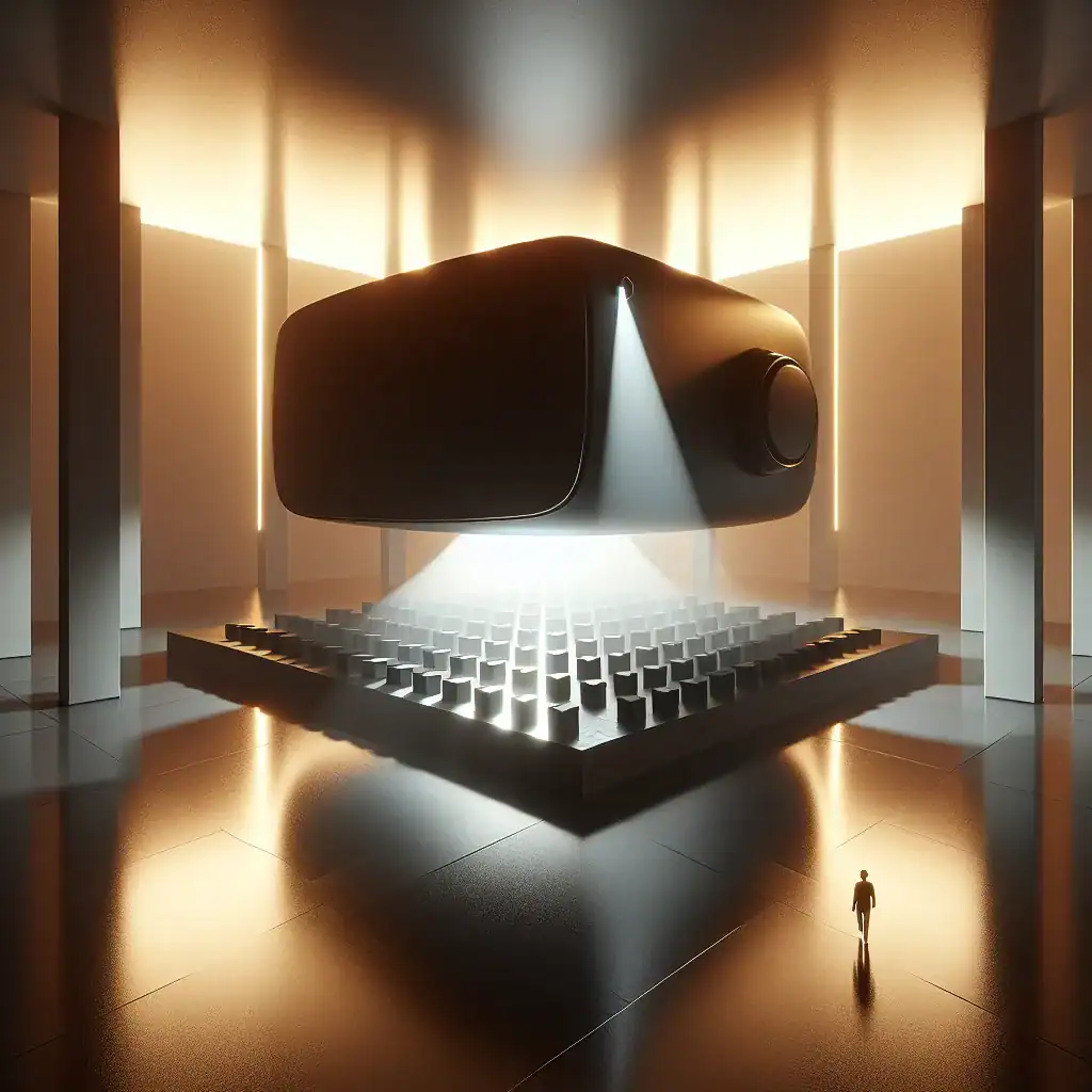 Un grand simulateur de réalité virtuelle surplombe un auditorium miniature avec une personne à proximité.