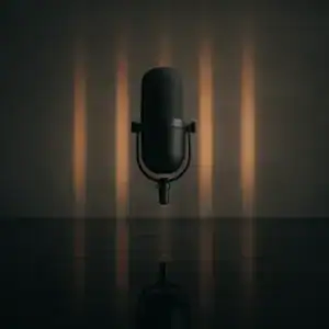 Microphone de studio sur fond sombre avec éclairage doré.