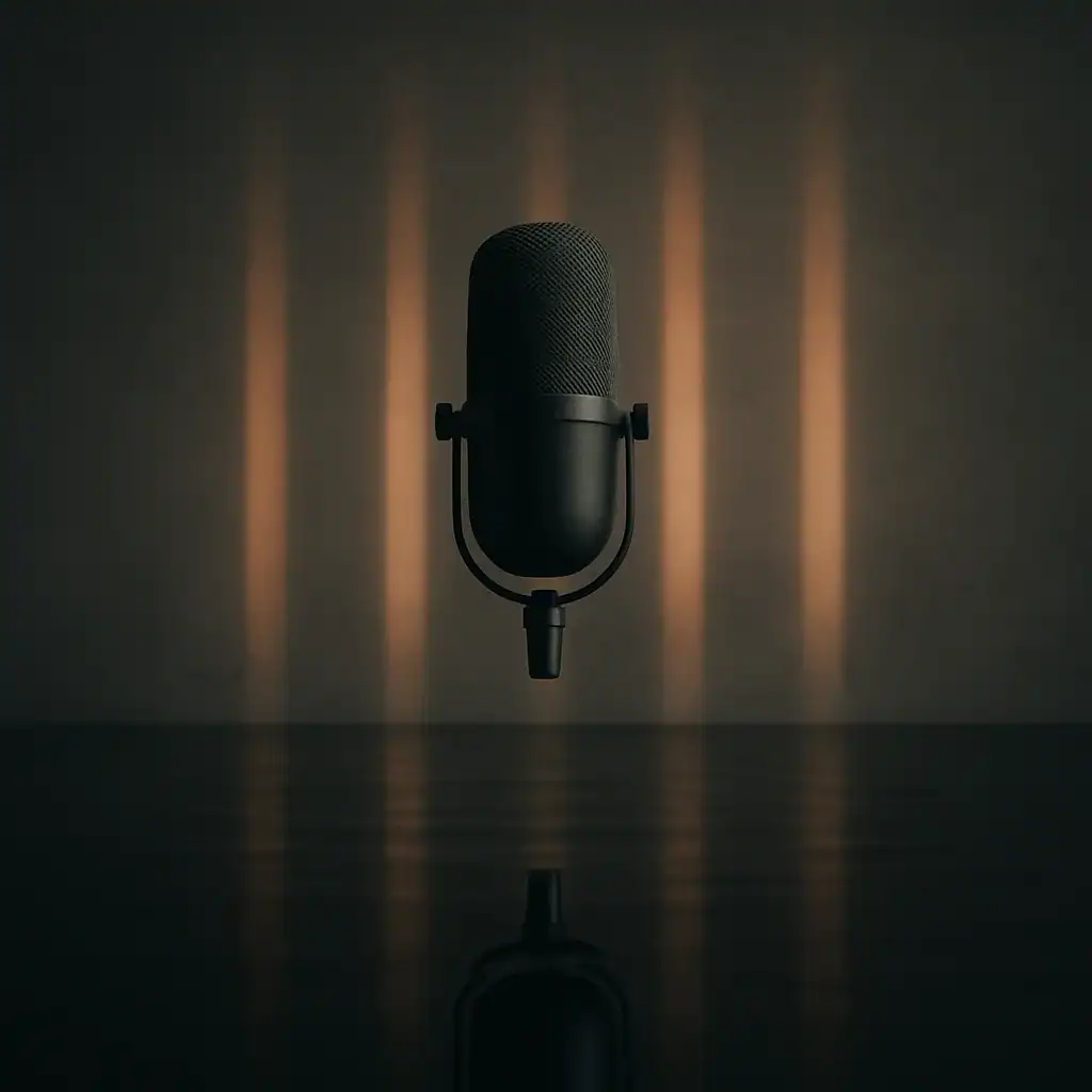 Microphone de studio sur fond sombre avec éclairage doré.