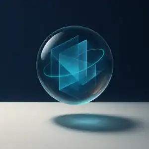 Sphère transparente avec des motifs géométriques flottant sur un fond sombre.
