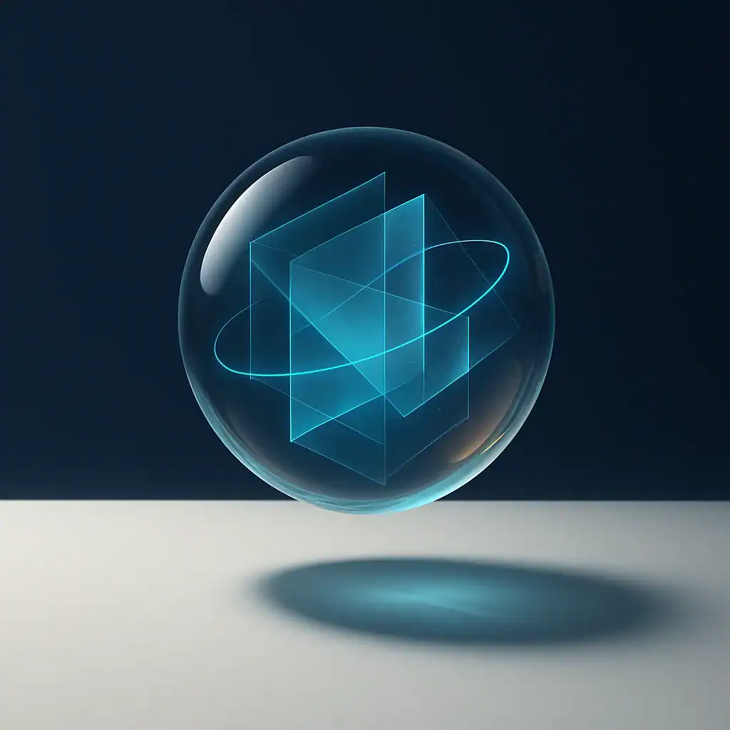 Sphère transparente avec des motifs géométriques flottant sur un fond sombre.