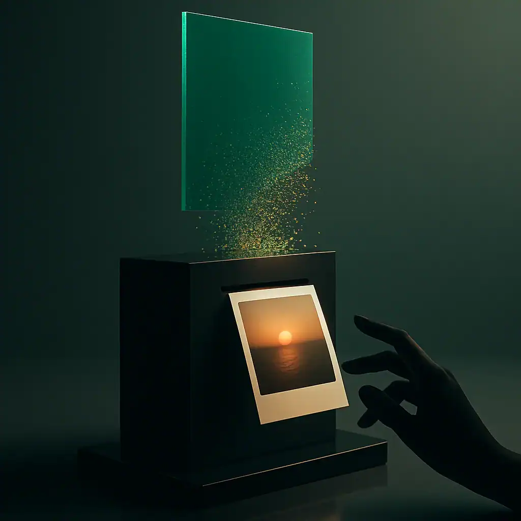 Appareil de photomaton avec fond vert et photo imprimée d'un coucher de soleil, une main prête à prendre la photographie.