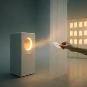 Main avec carte blanche près d'un appareil lumineux moderne.