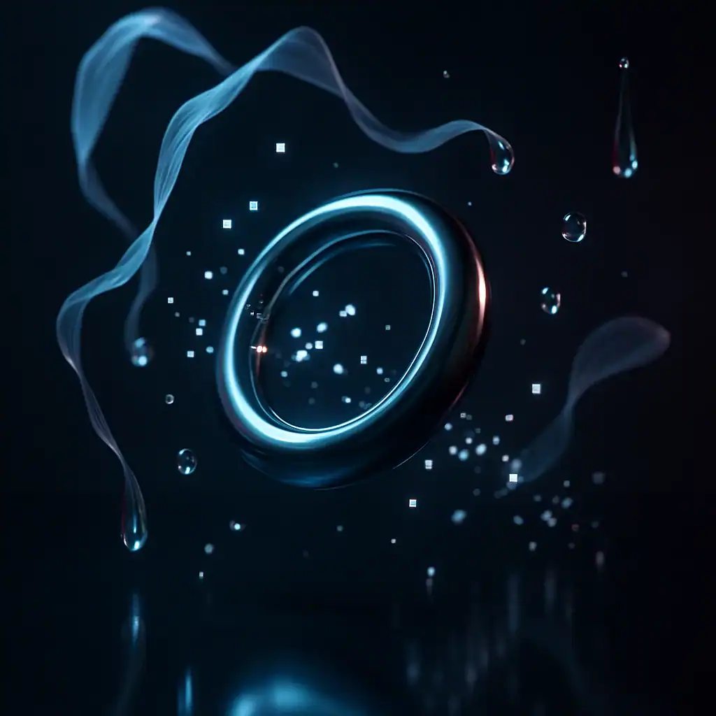 Anneau métallique flottant avec effets de lumière et particules dans un environnement sombre.