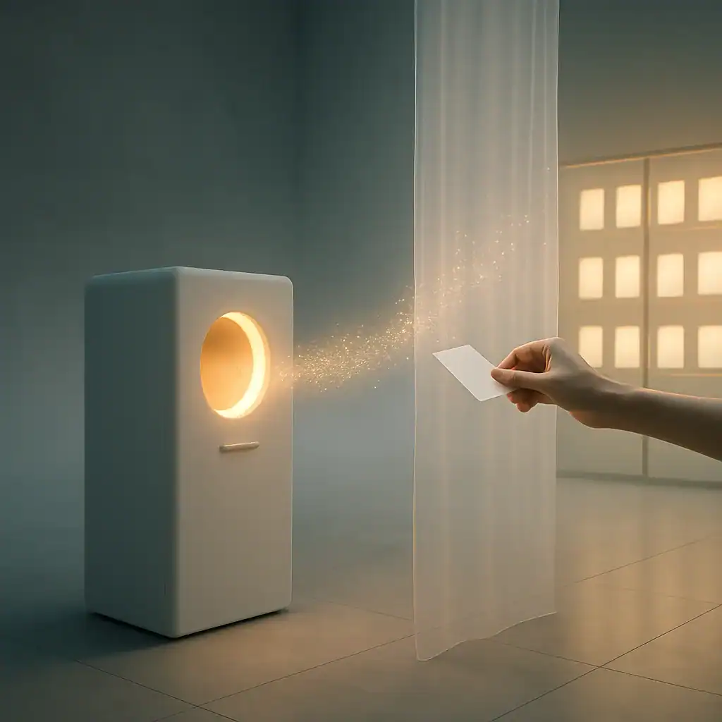 Main avec carte blanche près d'un appareil lumineux moderne.