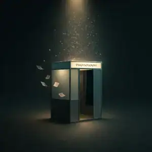 Un photobooth éclairé avec des papiers flottants autour, sur un fond sombre.
