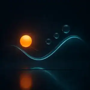 Sphère lumineuse orange avec des sphères translucides et courbes fluides sur fond sombre.