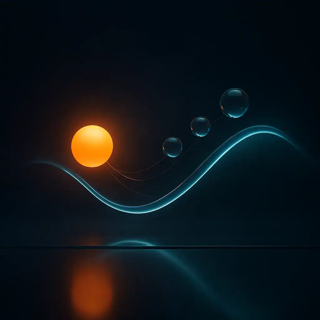 Sphère lumineuse orange avec des sphères translucides et courbes fluides sur fond sombre.
