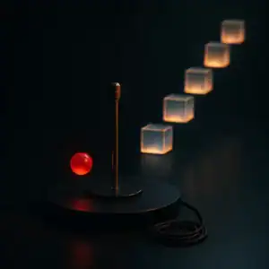 Microphone stylisé avec une boule rouge et des cubes lumineux en arrière-plan.