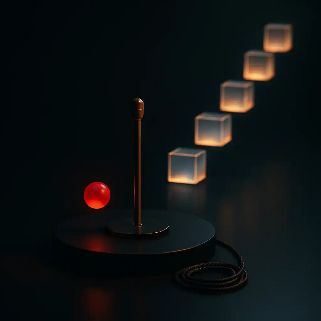 Microphone stylisé avec une boule rouge et des cubes lumineux en arrière-plan.