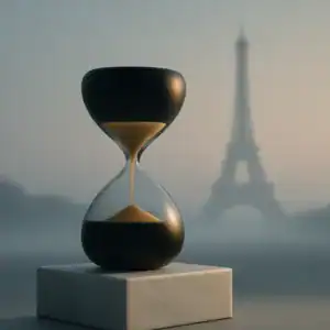 Sablier avec la Tour Eiffel en arrière-plan, représentant le concept de temps à Paris.