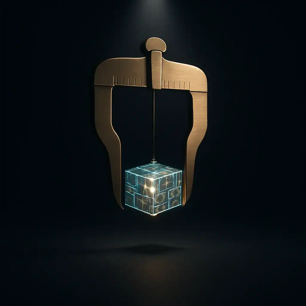 Cube lumineux suspendu par un compas en cuivre sur fond sombre.