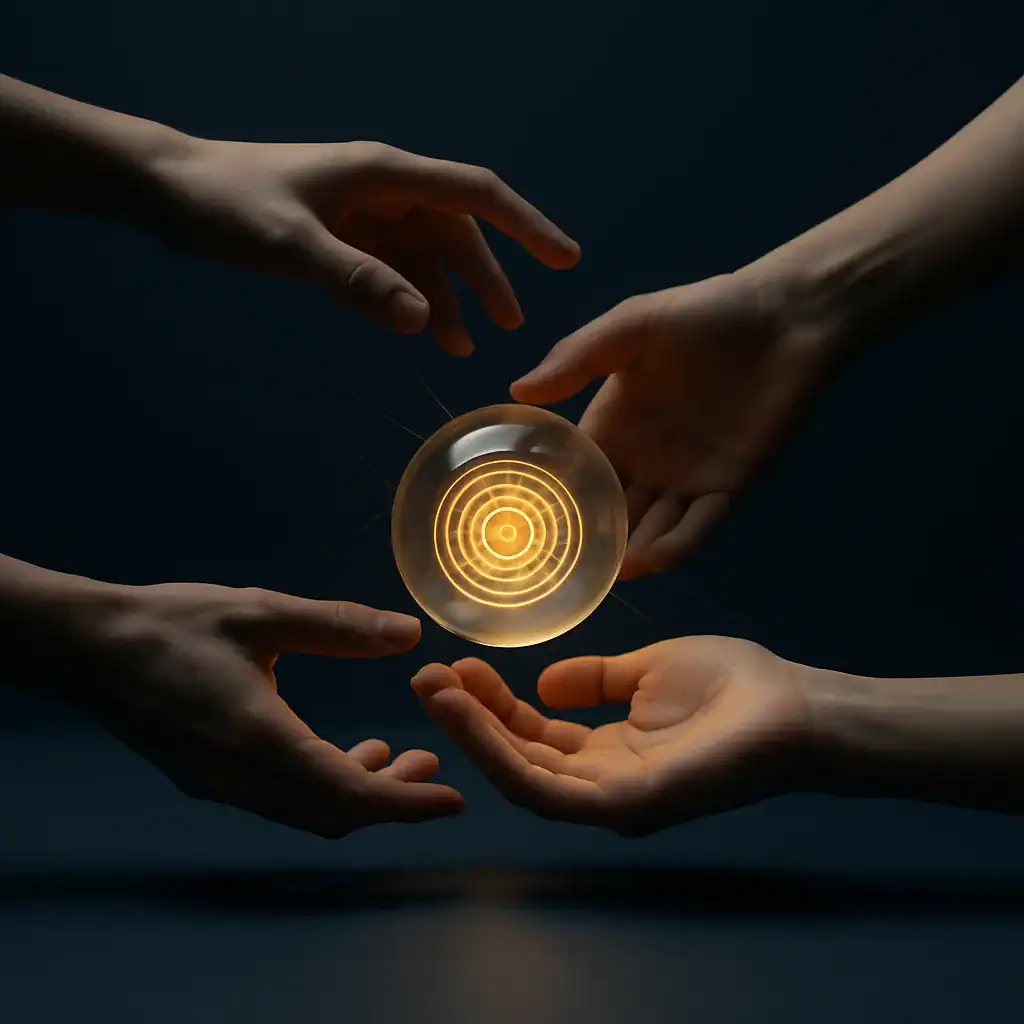Trois mains tenant une sphère lumineuse