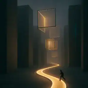 Une personne marche sur un chemin lumineux à travers une ville sombre avec des cubes flottants.