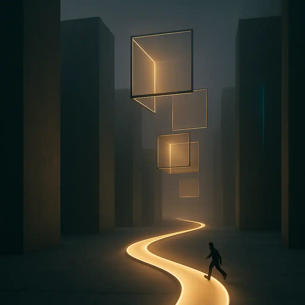 Une personne marche sur un chemin lumineux à travers une ville sombre avec des cubes flottants.