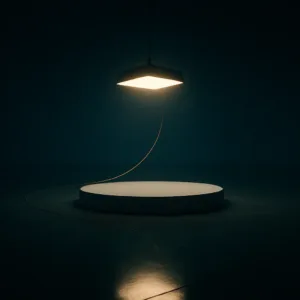 Plateau de studio avec une plateforme ronde et une lumière suspendue.