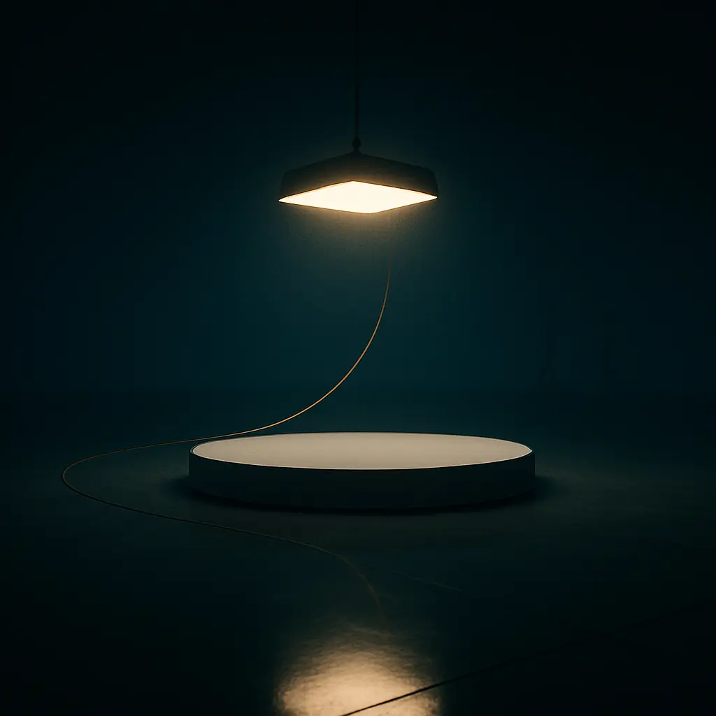 Plateau de studio avec une plateforme ronde et une lumière suspendue.