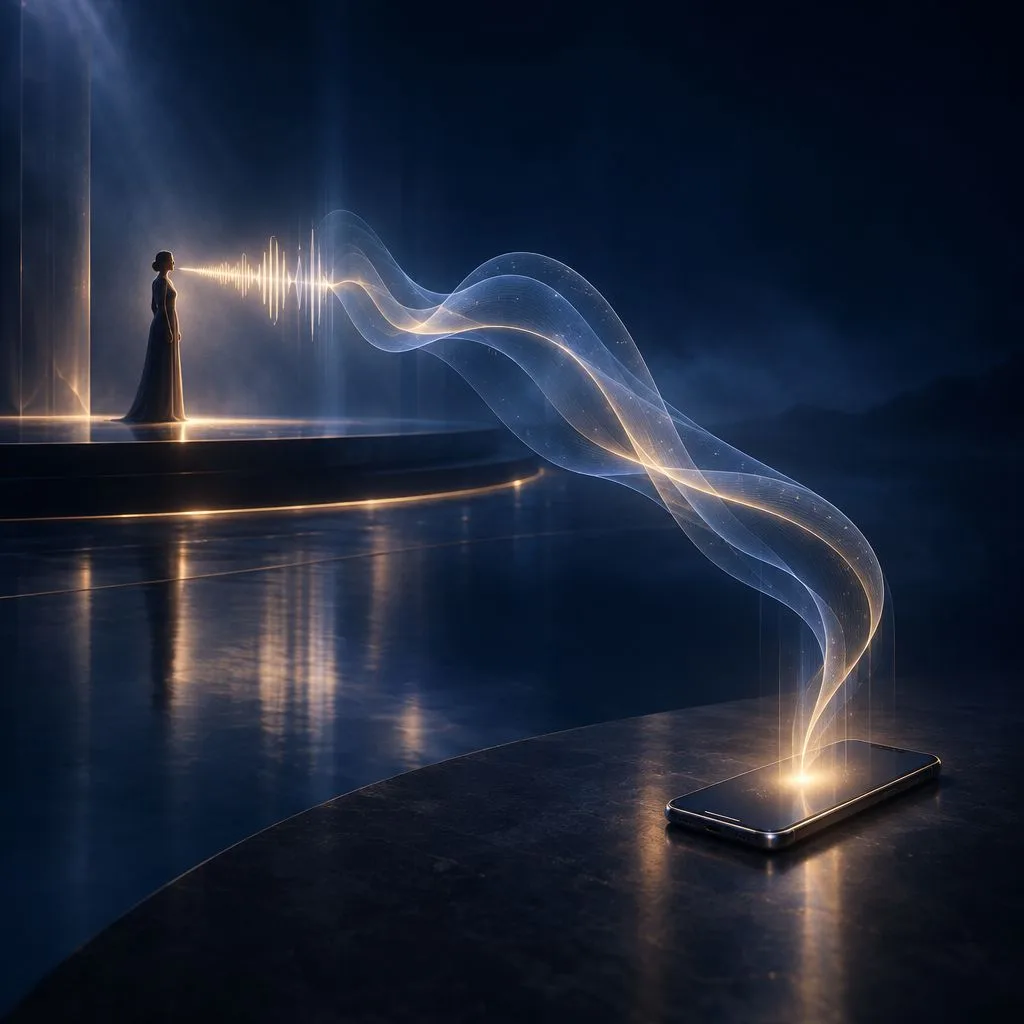 Silhouette d’une intervenante sur scène reliée par une onde lumineuse à un smartphone posé au premier plan.
